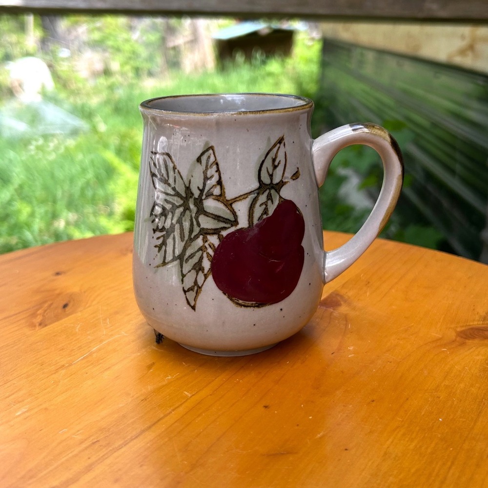 Vintage Festival Gres Stoneware Mug Grey Red Apple Fruit Korea Otagiri Style